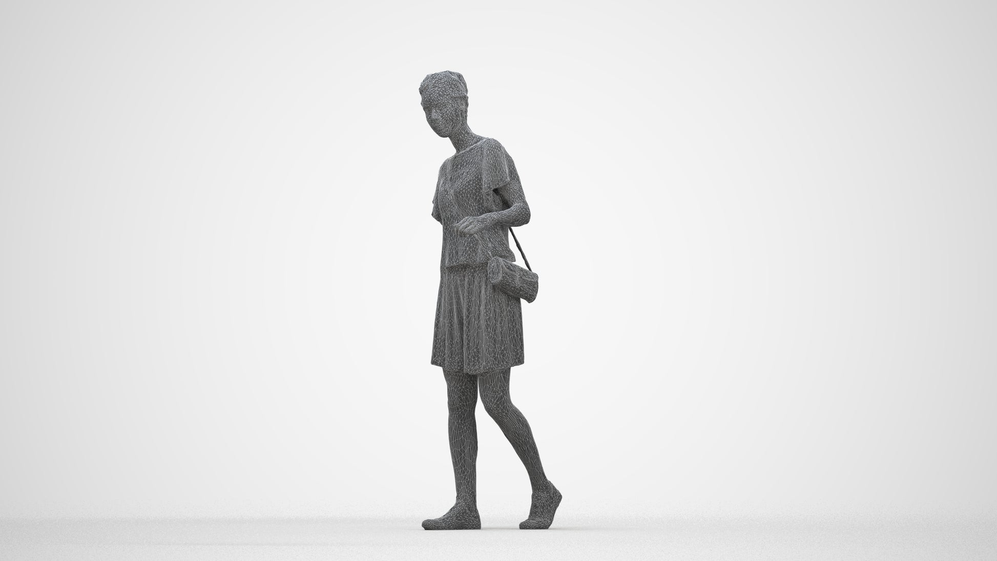 photogrammetry 3D woman casual walking, realistic human model archviz FBX, wireframe back view