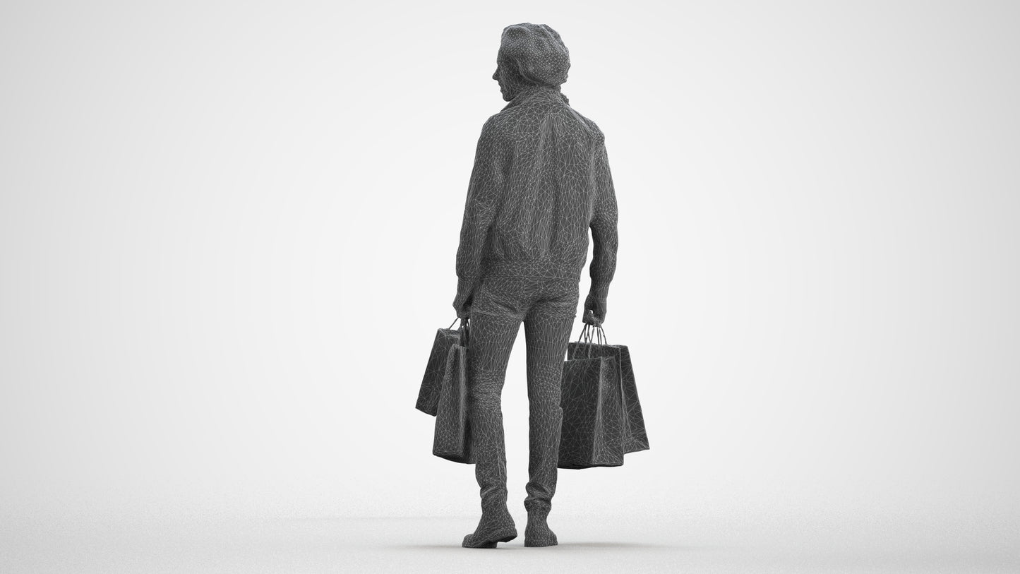realistic 3D man casual shopping, scanned archviz people for Blender and 3ds Max, wireframe front view