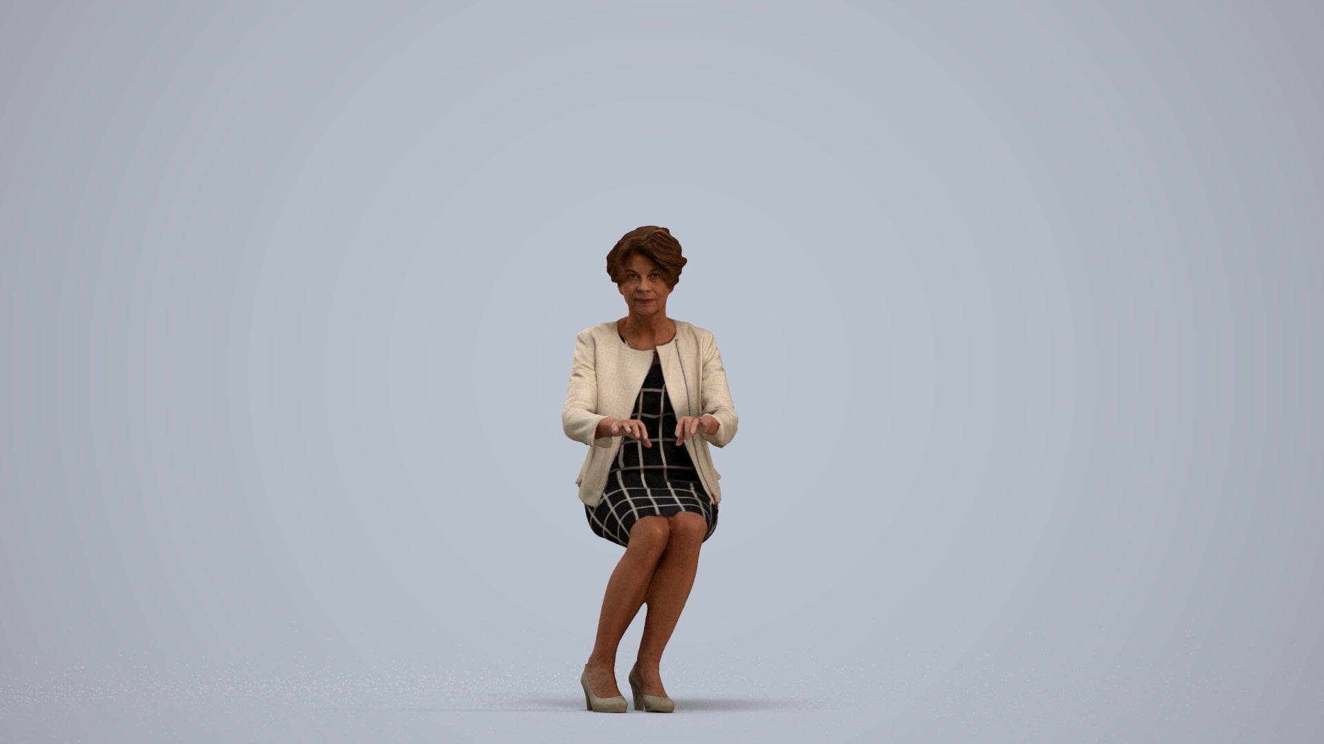 photogrammetry 3D woman business sitting, realistic human model archviz FBX, standing pose render
