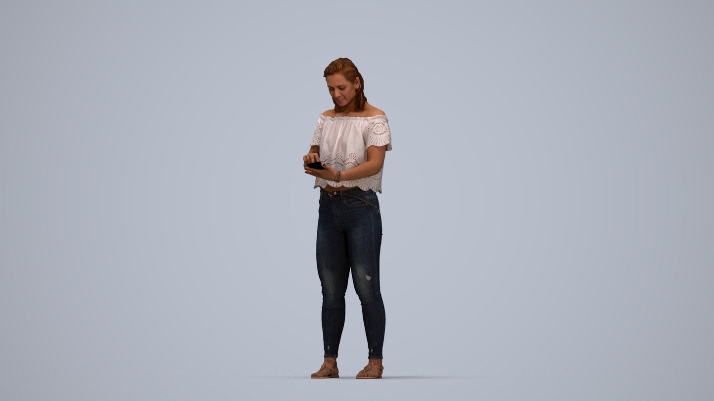 3D human model woman casual standing, photogrammetry scanned person for archviz, top-down view render