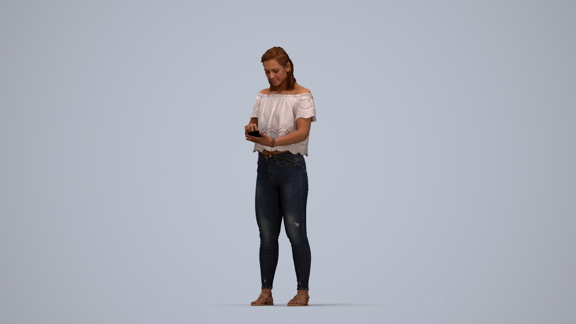 3D human model woman casual standing, photogrammetry scanned person for archviz, top-down view render