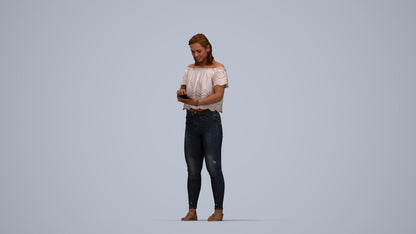 3D human model woman casual standing, photogrammetry scanned person for archviz, top-down view render