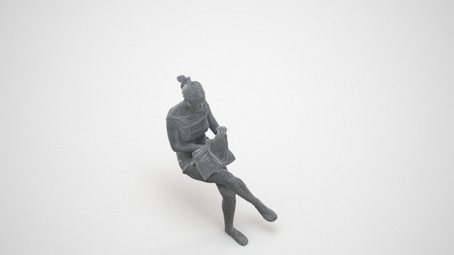 3D human model girl casual sitting, photogrammetry scanned person for archviz, wireframe three-quarter view