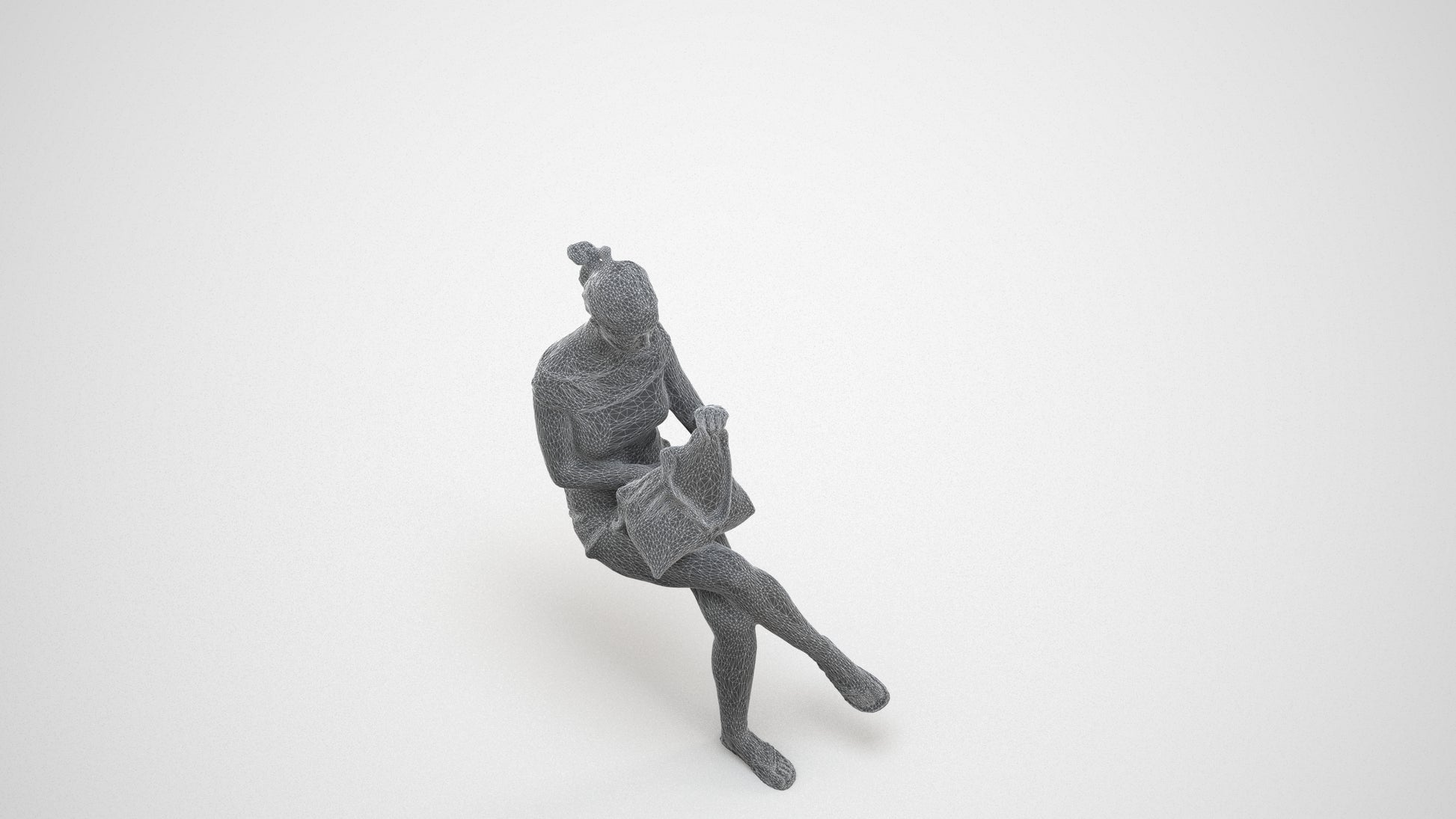 3D human model girl casual sitting, photogrammetry scanned person for archviz, wireframe three-quarter view