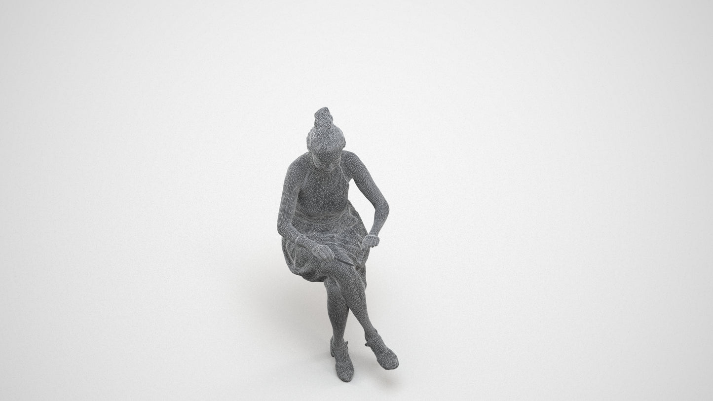 realistic 3D woman formal sitting, scanned archviz people for Blender and 3ds Max, wireframe three-quarter view