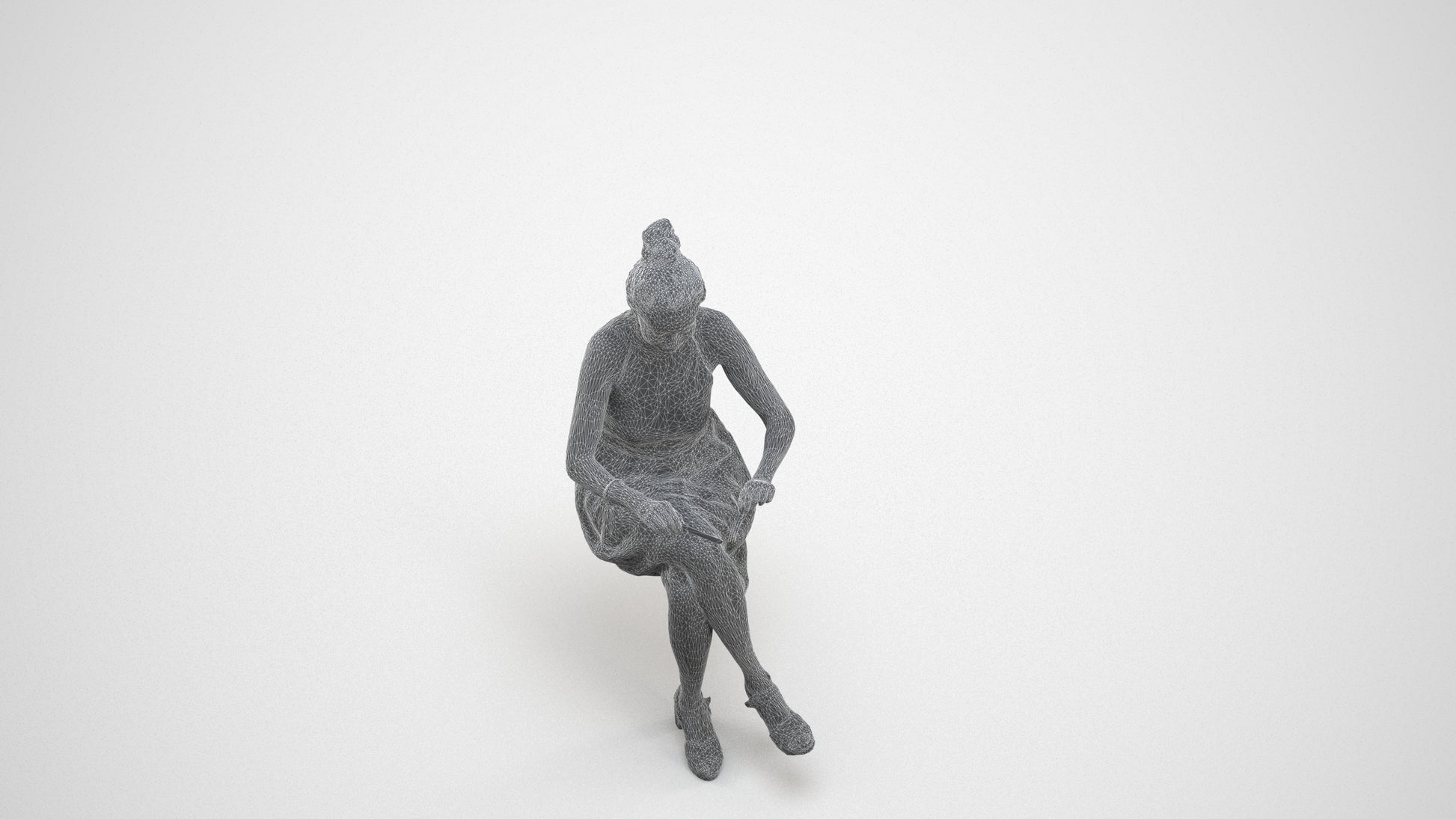 realistic 3D woman formal sitting, scanned archviz people for Blender and 3ds Max, wireframe three-quarter view