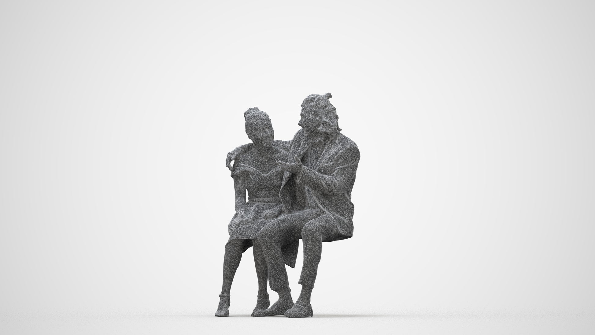 3D human model woman formal sitting, photogrammetry scanned person for archviz, wireframe back view