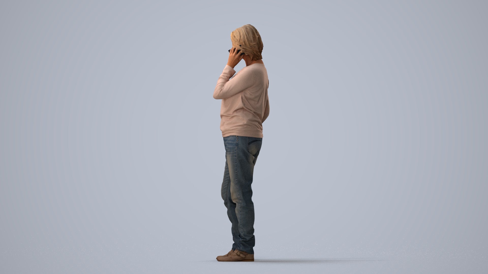 realistic 3D woman casual standing, scanned archviz people for Blender and 3ds Max, three-quarter view render