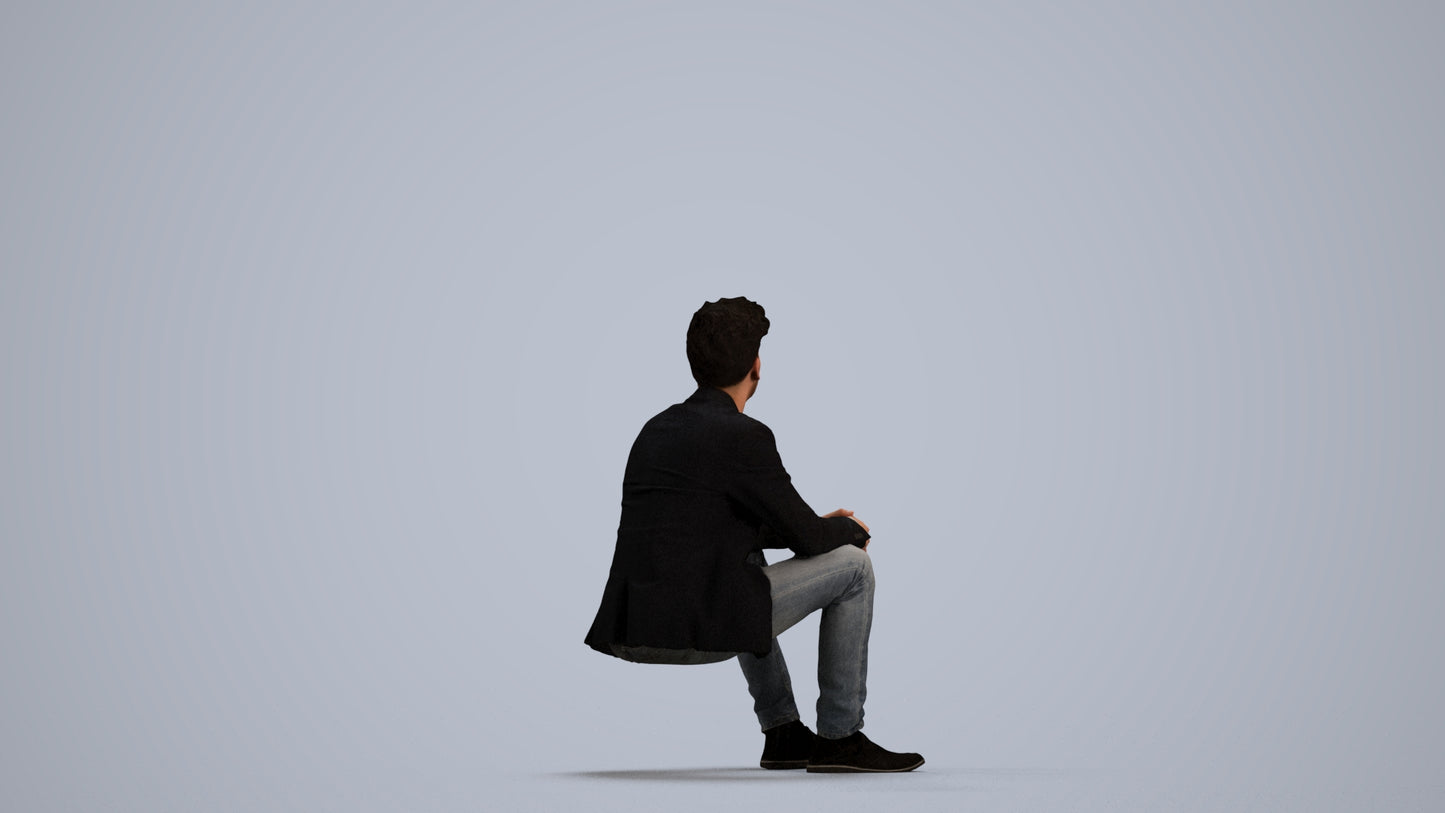 realistic 3D man casual sitting, scanned archviz people for Blender and 3ds Max, front view render