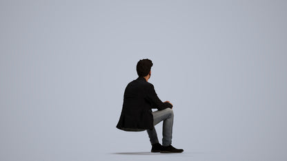 realistic 3D man casual sitting, scanned archviz people for Blender and 3ds Max, front view render