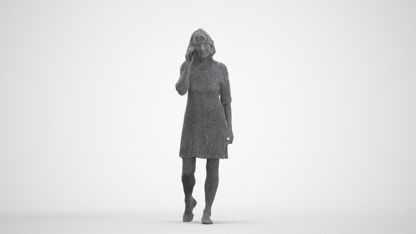 3D human model senior woman casual walking, photogrammetry scanned person for archviz, three-quarter front view render