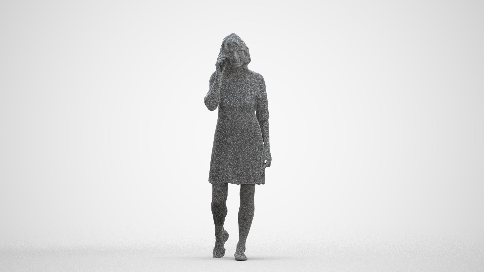 3D human model senior woman casual walking, photogrammetry scanned person for archviz, three-quarter front view render