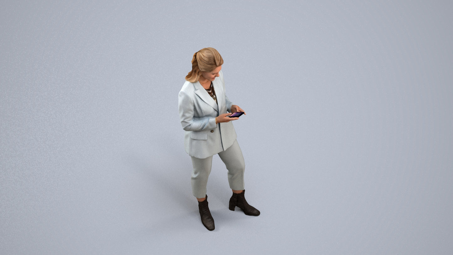 3D human model woman business, photogrammetry scanned person for archviz, back view render