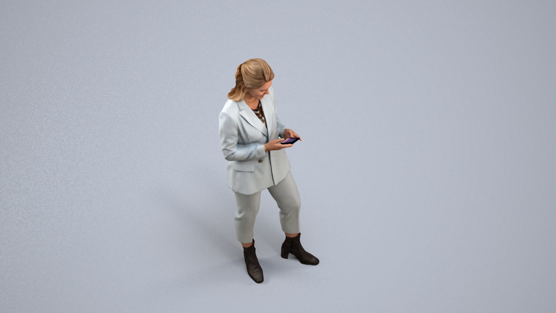 3D human model woman business, photogrammetry scanned person for archviz, back view render