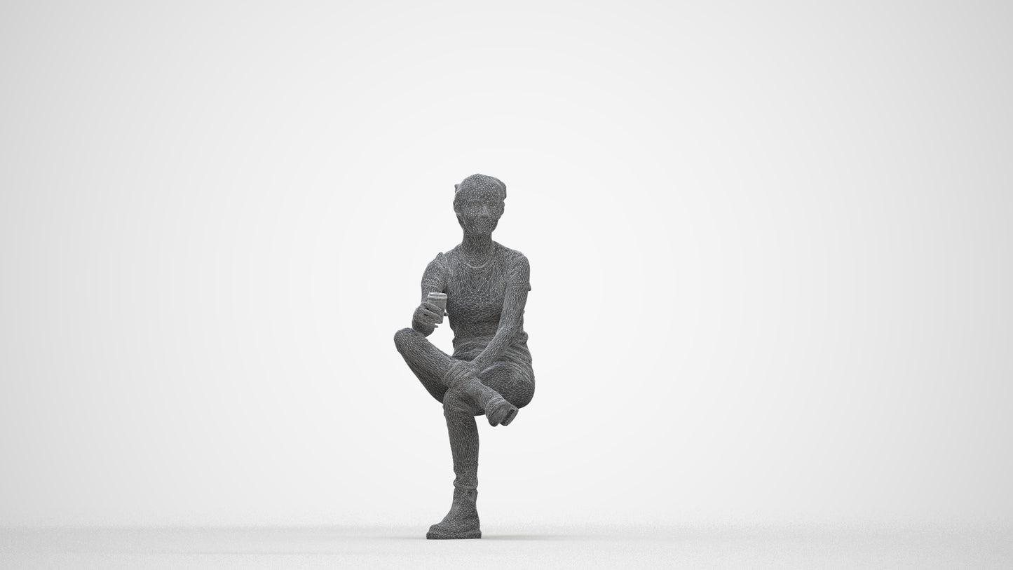 realistic 3D human woman casual sitting, archviz people FBX OBJ for Blender, wireframe back view