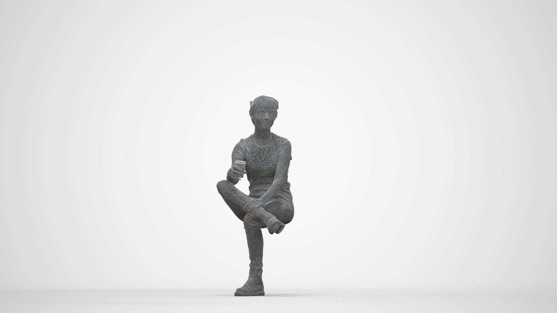 realistic 3D human woman casual sitting, archviz people FBX OBJ for Blender, wireframe back view