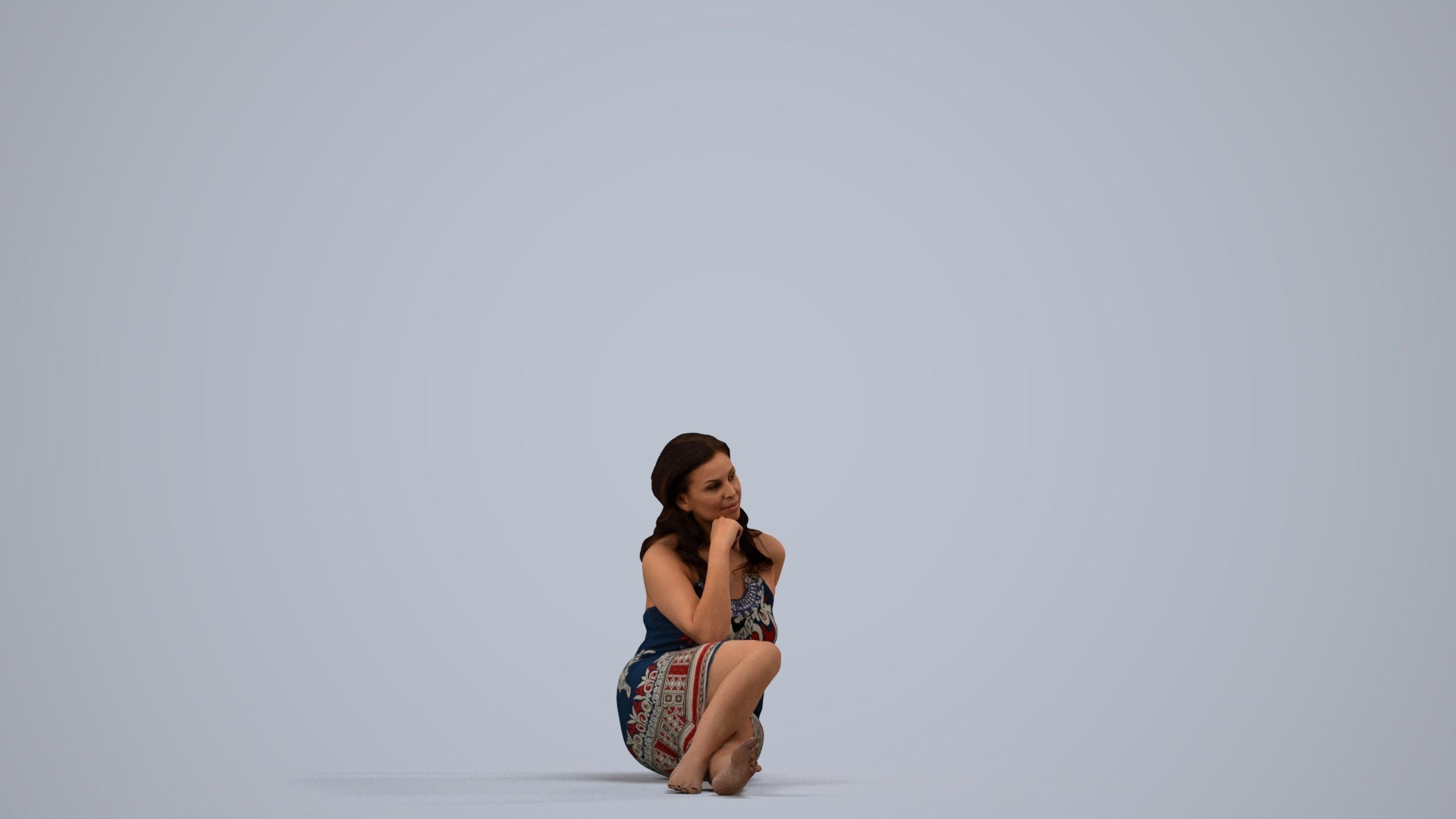 3D human model woman pool, photogrammetry scanned person for archviz, side view render