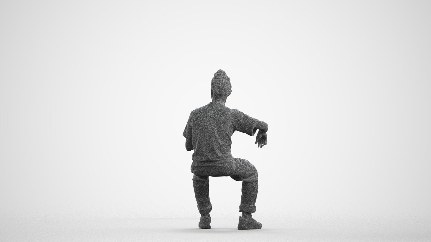 scanned 3D man casual sitting, photogrammetry people for Enscape and V-Ray, wireframe front view