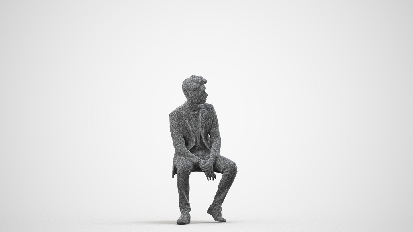 3D people model man casual sitting, scanned human for 3ds Max rendering, wireframe side view