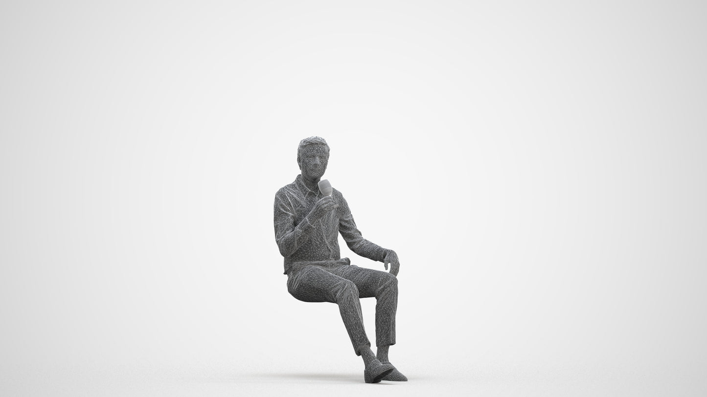 3D human model man business sitting, photogrammetry scanned person for archviz, three-quarter front view render