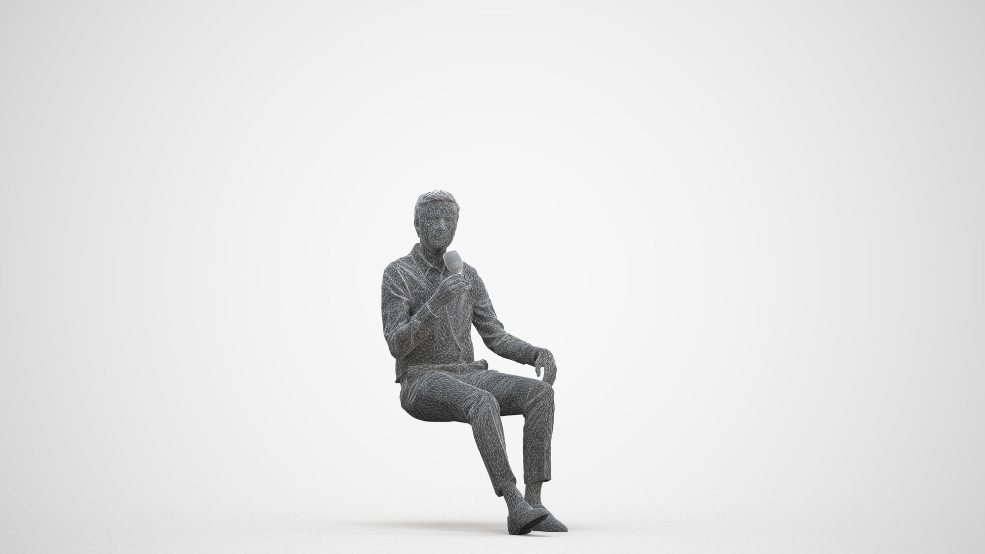 3D human model man business sitting, photogrammetry scanned person for archviz, three-quarter front view render