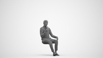 3D human model man business sitting, photogrammetry scanned person for archviz, three-quarter front view render