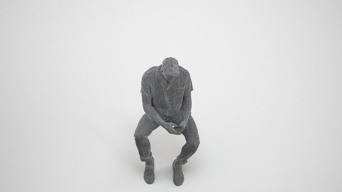 realistic 3D human man casual sitting, archviz people FBX OBJ for Blender, wireframe three-quarter view