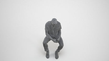 realistic 3D human man casual sitting, archviz people FBX OBJ for Blender, wireframe three-quarter view