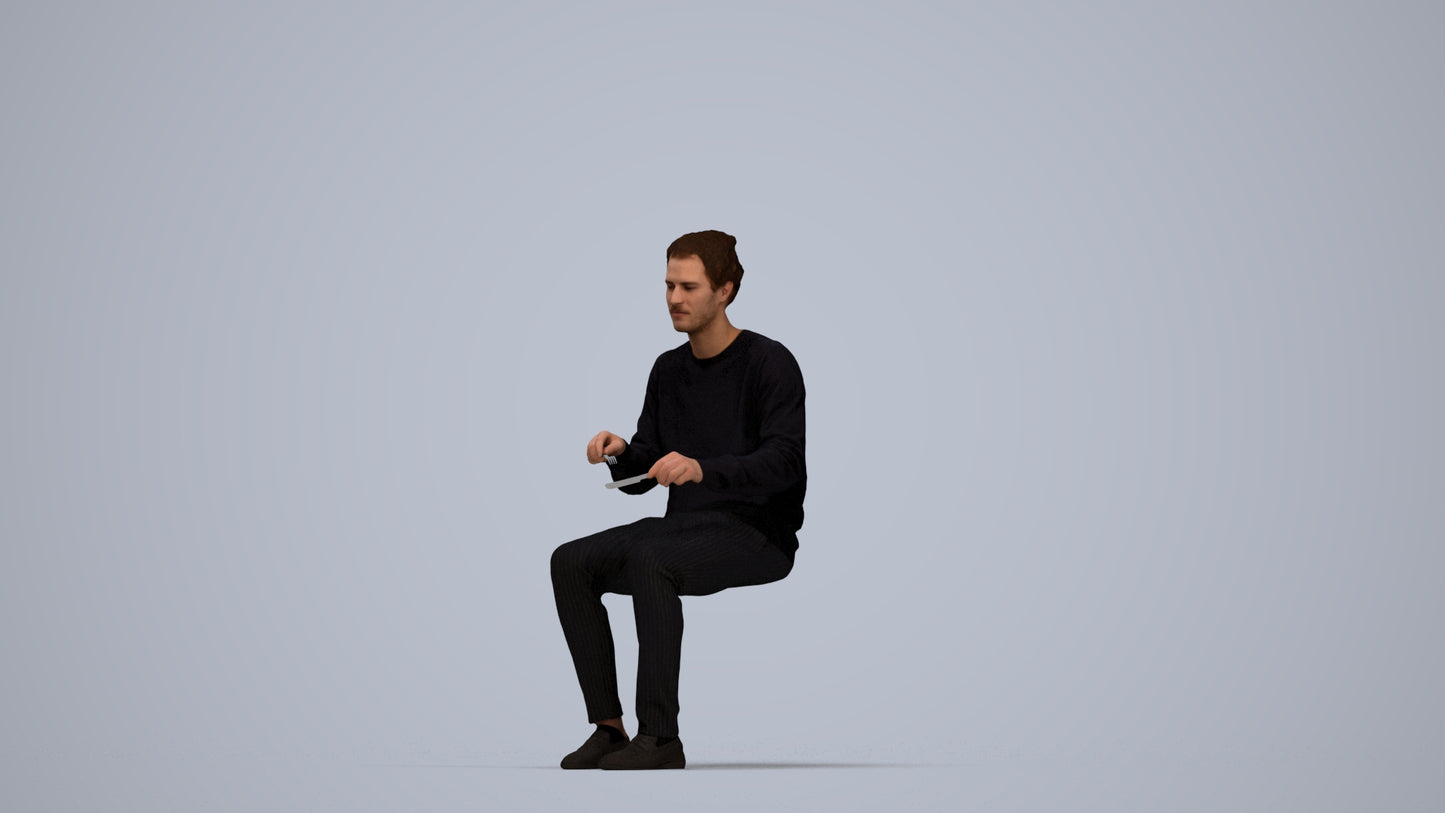 realistic 3D man casual sitting, scanned archviz people for Blender and 3ds Max, top-down view render