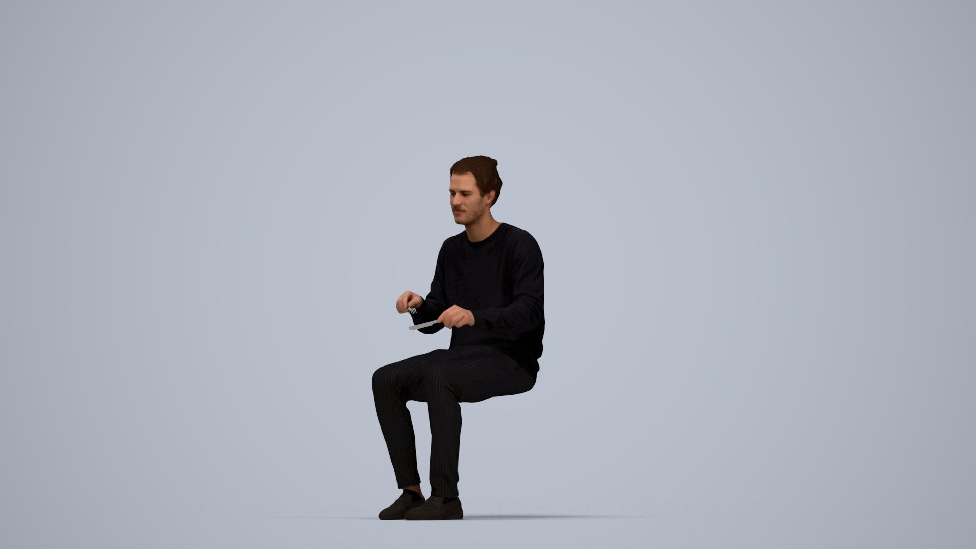 realistic 3D man casual sitting, scanned archviz people for Blender and 3ds Max, top-down view render