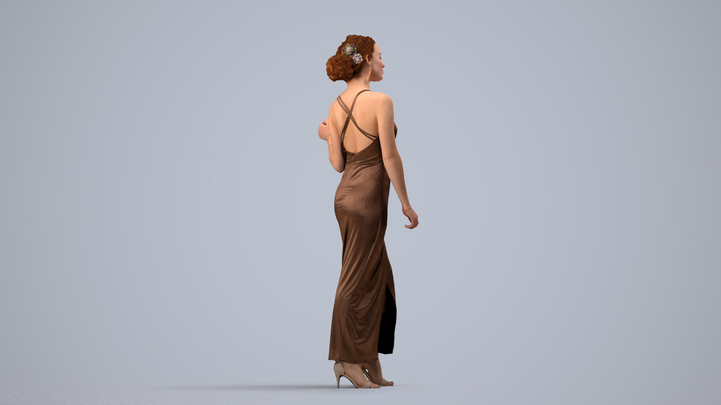 3D human model woman formal formalaffairs, photogrammetry scanned person for archviz, side view render