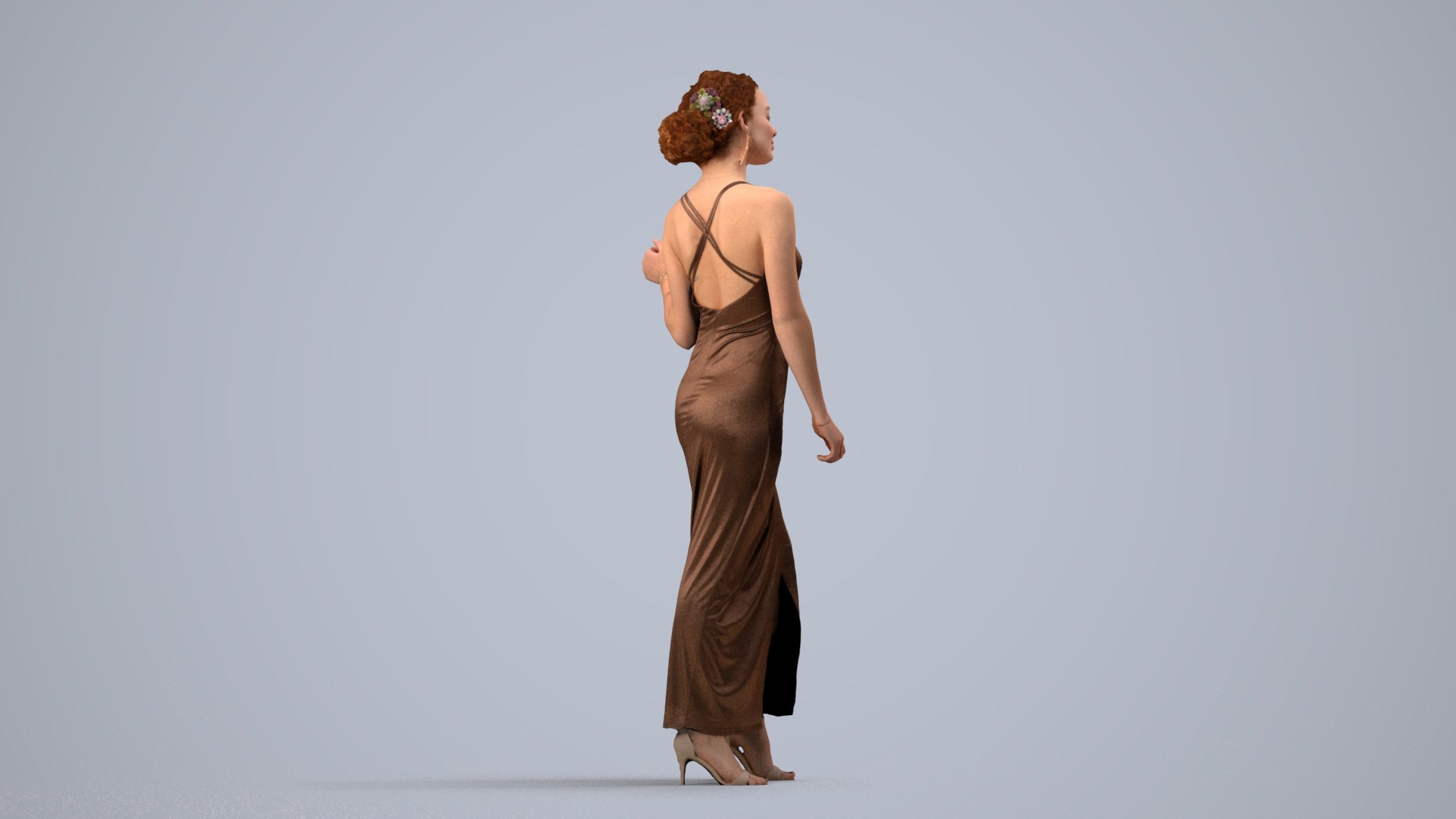 3D human model woman formal formalaffairs, photogrammetry scanned person for archviz, side view render