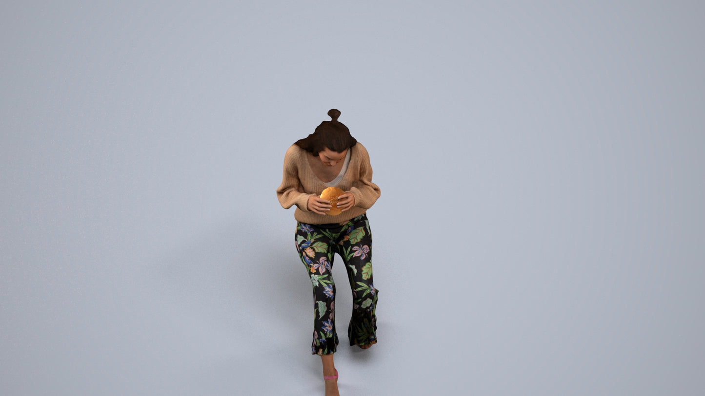 3D human model woman casual sitting, photogrammetry scanned person for archviz, back view render