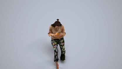 3D human model woman casual sitting, photogrammetry scanned person for archviz, back view render