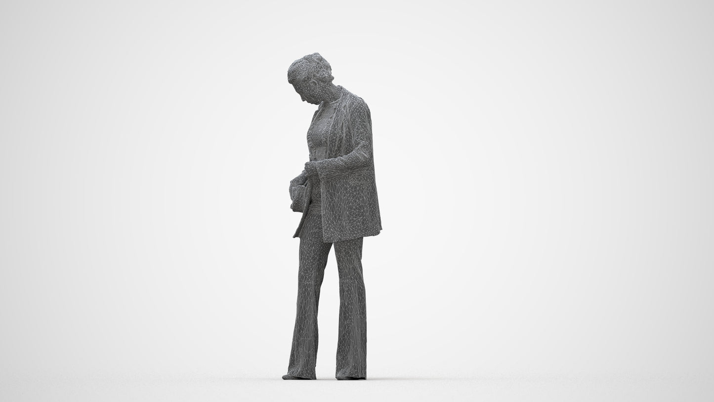 scanned 3D woman business standing, photogrammetry people for Enscape and V-Ray, wireframe back view