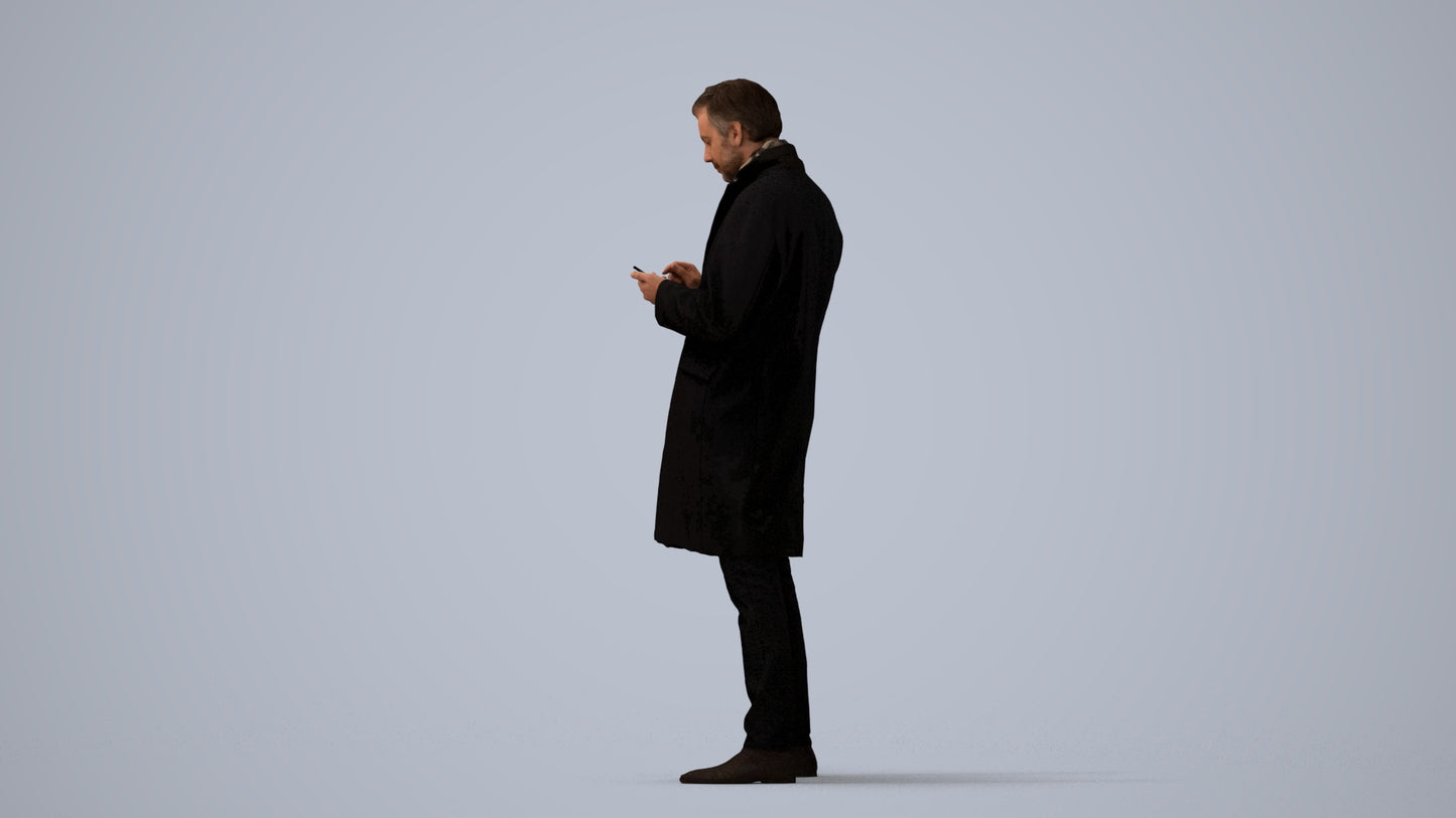 photogrammetry 3D man standing, realistic human model archviz FBX, three-quarter view render