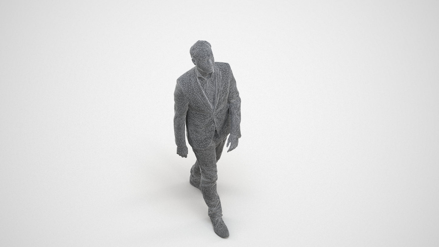 3D human model man business walking, photogrammetry scanned person for archviz, wireframe three-quarter view