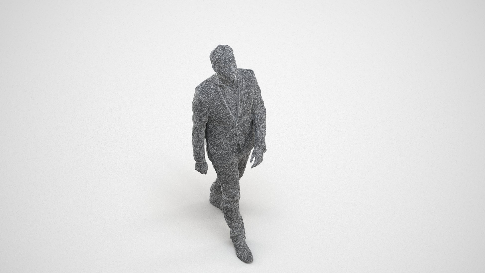 3D human model man business walking, photogrammetry scanned person for archviz, wireframe three-quarter view