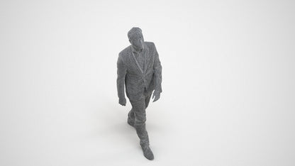 3D human model man business walking, photogrammetry scanned person for archviz, wireframe three-quarter view
