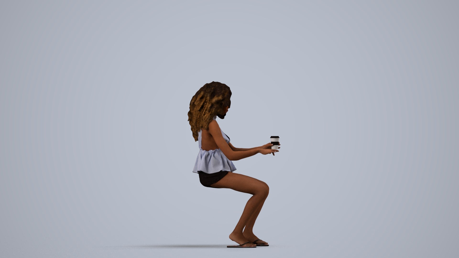 3D human model woman casual sitting, photogrammetry scanned person for archviz, side view render