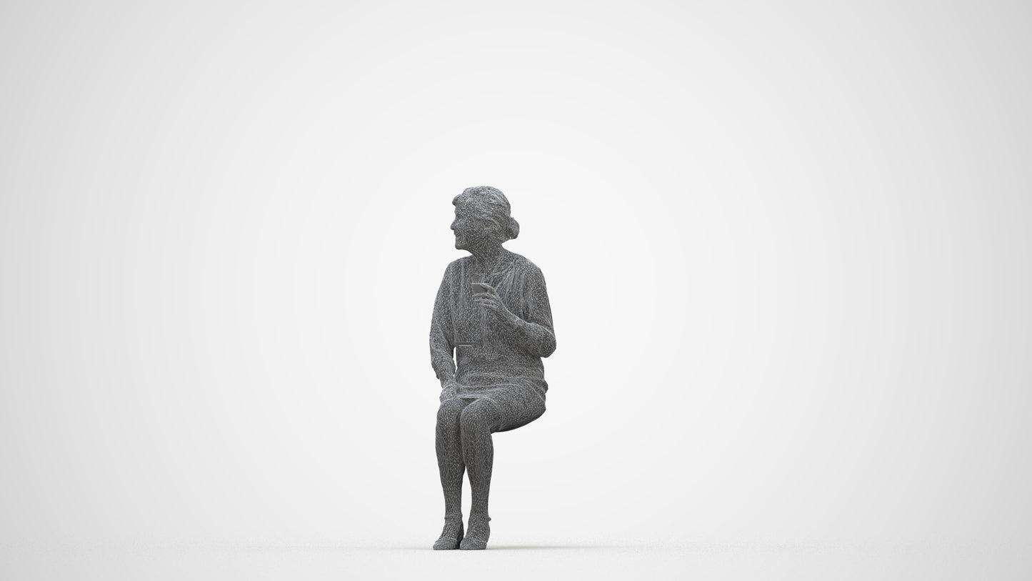 realistic 3D human senior woman casual sitting, archviz people FBX OBJ for Blender, wireframe back view