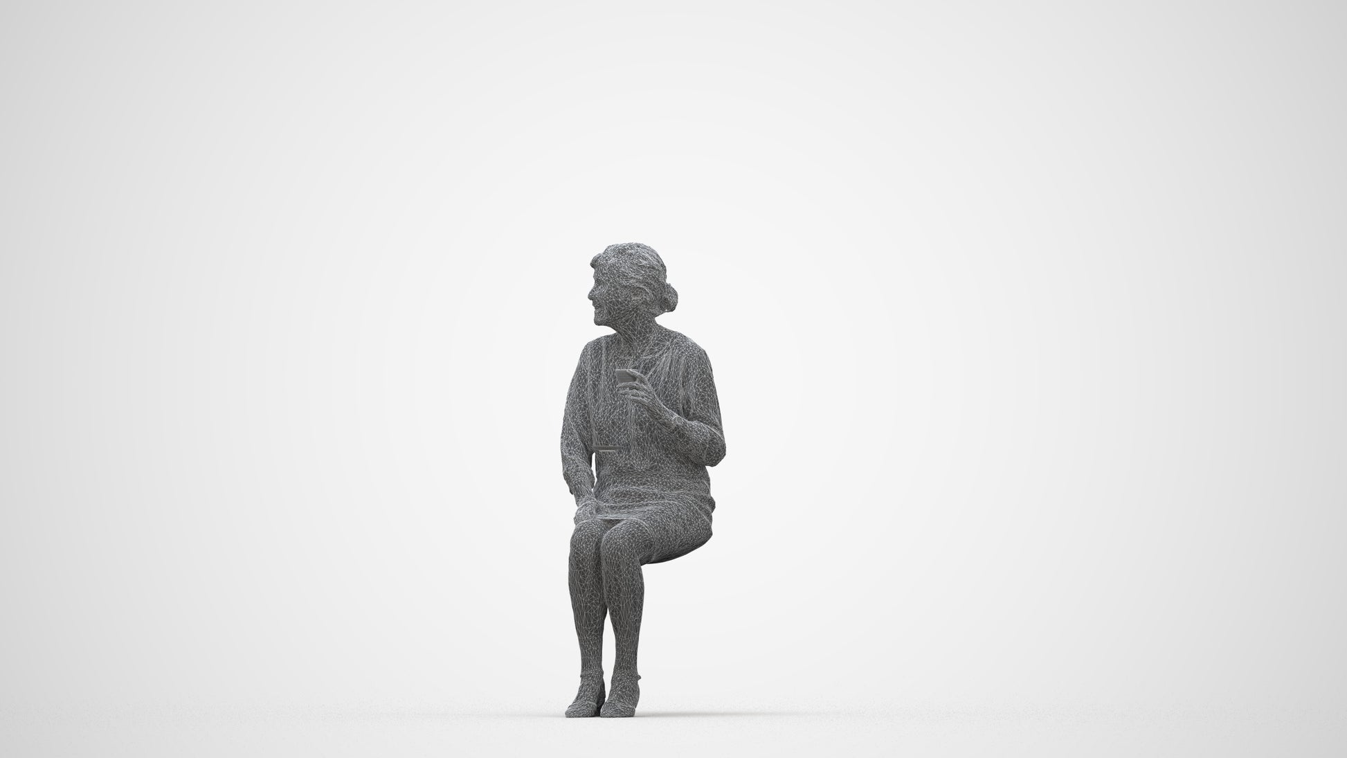 realistic 3D human senior woman casual sitting, archviz people FBX OBJ for Blender, wireframe back view
