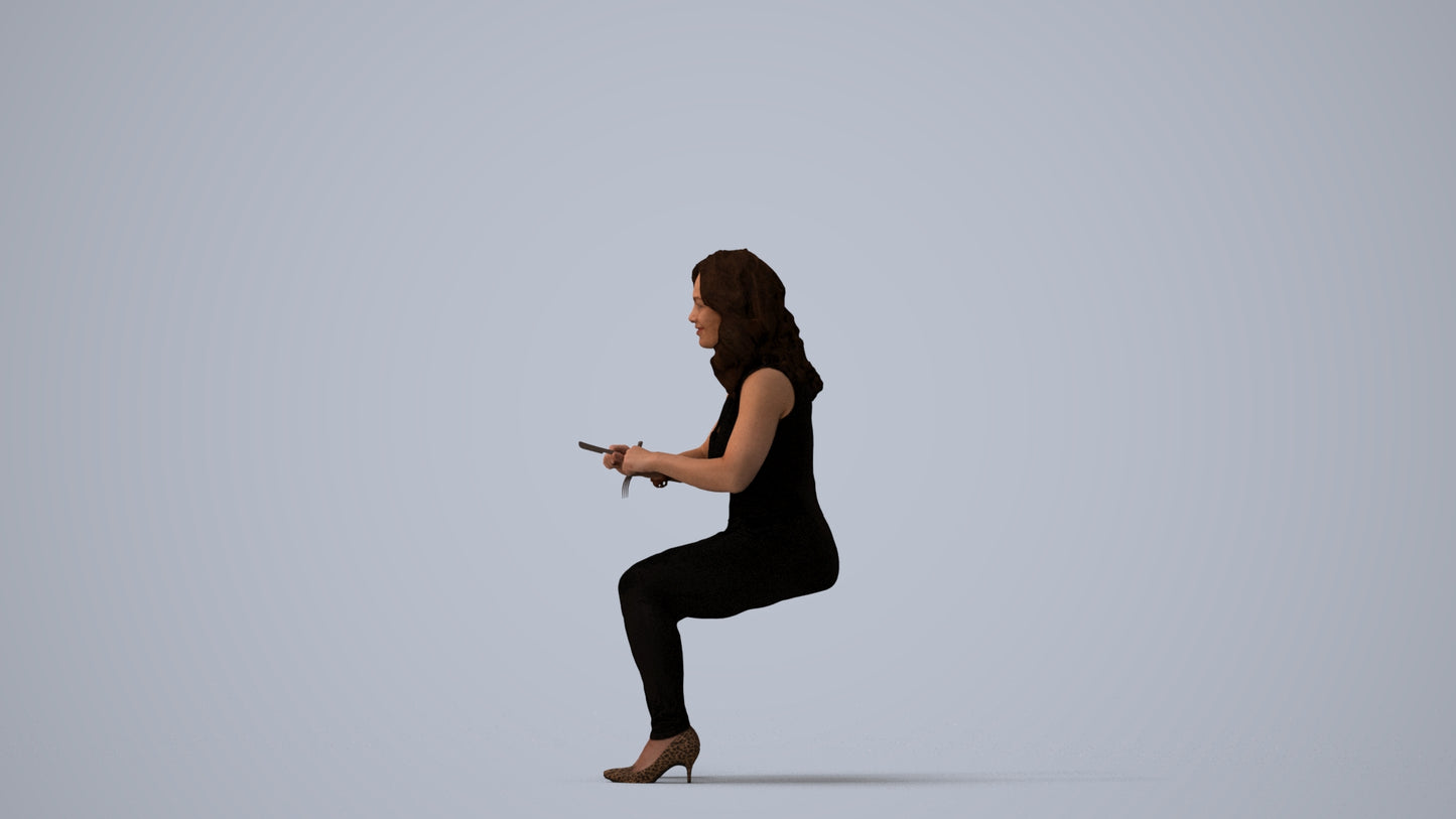 3D human model woman casual sitting, photogrammetry scanned person for archviz, three-quarter view render