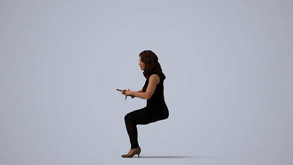 3D human model woman casual sitting, photogrammetry scanned person for archviz, three-quarter view render