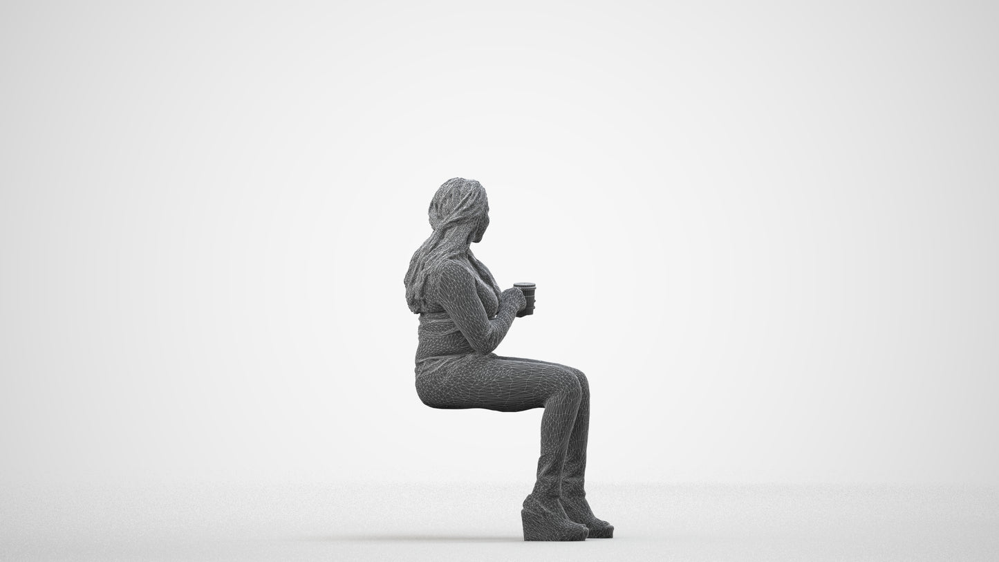 realistic 3D woman casual sitting, scanned archviz people for Blender and 3ds Max, wireframe side view