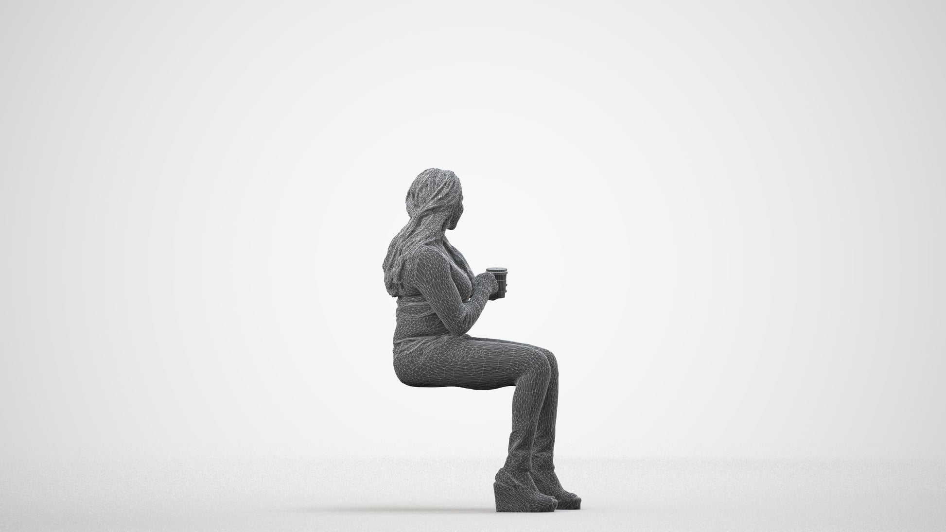 realistic 3D woman casual sitting, scanned archviz people for Blender and 3ds Max, wireframe side view