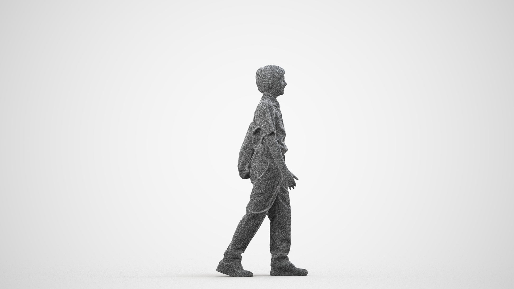 3D people model boy kids, scanned human for 3ds Max rendering, wireframe side view