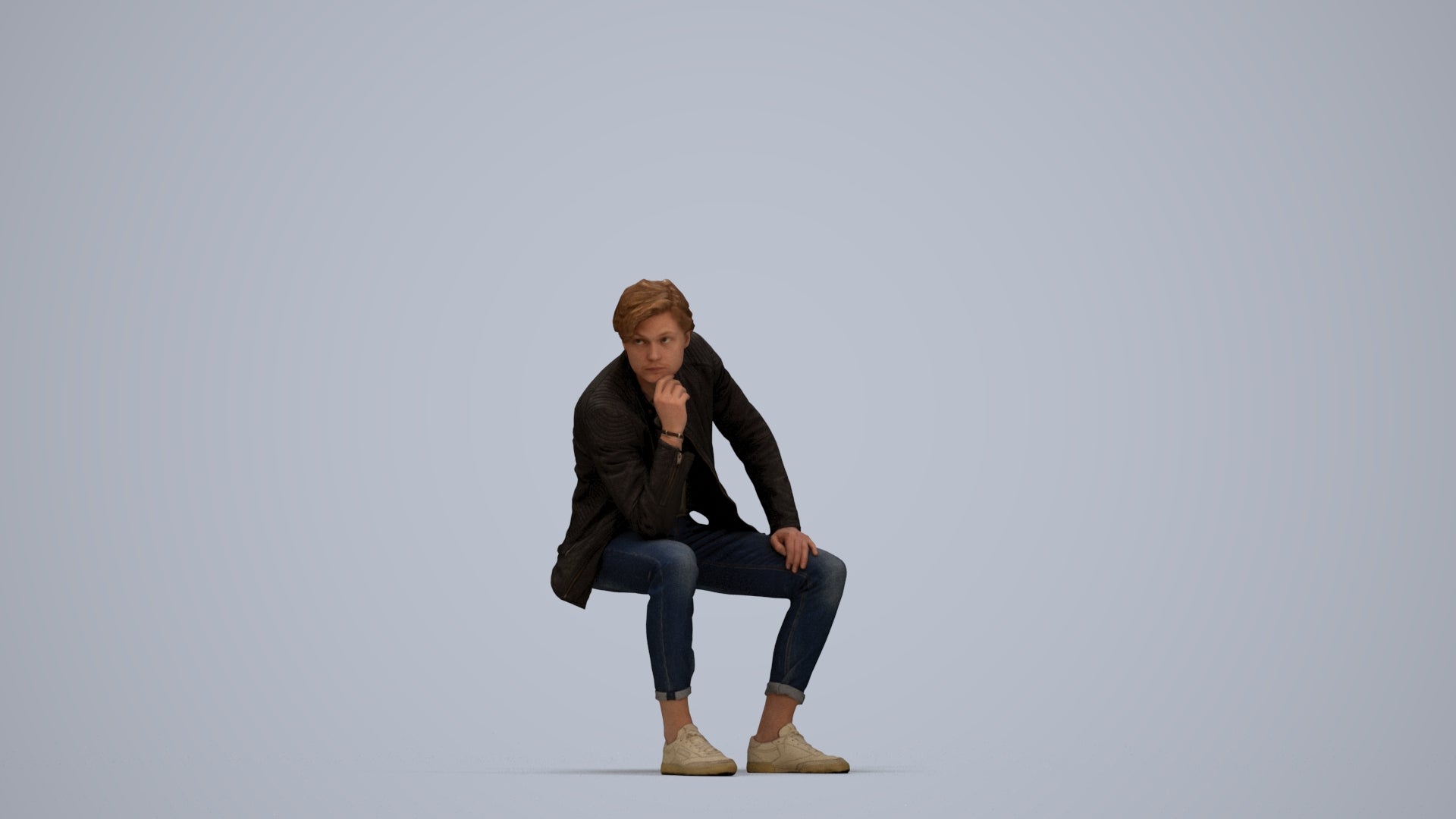 scanned 3D man casual sitting, photogrammetry people for Enscape and V-Ray, top-down view render