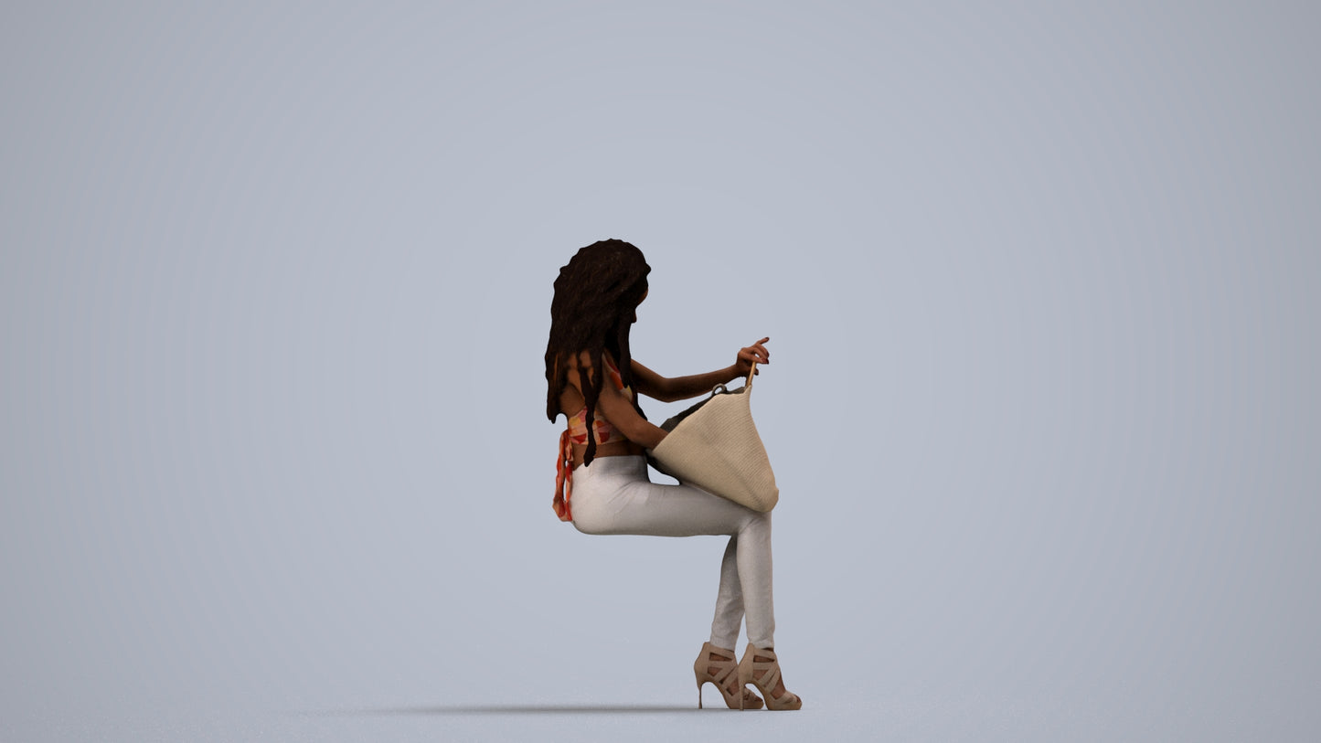photogrammetry 3D woman casual sitting, realistic human model archviz FBX, side view render