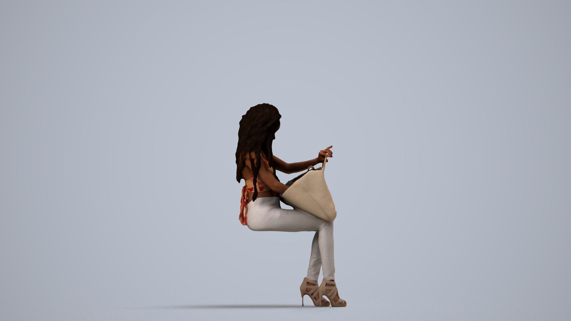 photogrammetry 3D woman casual sitting, realistic human model archviz FBX, side view render